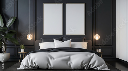 Mockup of two empty frames, modern design, mockup to advertise pictures, bedroom	