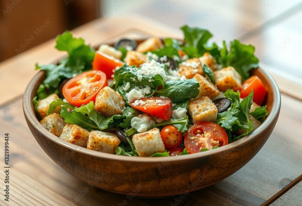 Fresh mixed greens salad with tomatoes, croutons, and melted cheese Fresh mixed greens salad with tomatoes, croutons, and melted cheese