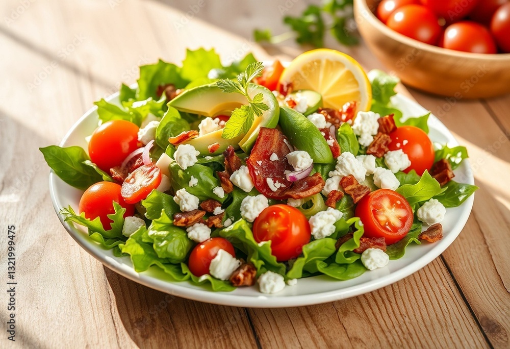 Mixed greens salad with cherry tomatoes, avocado, bacon, feta cheese, and red onion Mixed greens salad with cherry tomatoes, avocado, bacon, feta cheese, and red onion