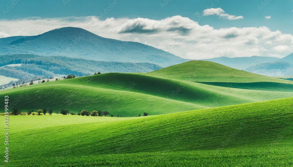 Gentle green hills stretch beneath a clear sky, offering a tranquil, minimalist landscape bathed in soft light Gentle green hills stretch beneath a clear sky, offering a tranquil, minimalist landscape bathed in soft light