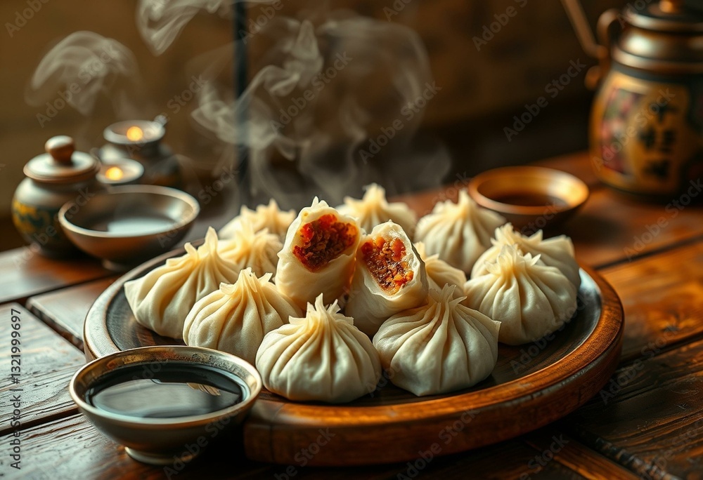 Steaming hot dumplings on a wooden table Steaming hot dumplings on a wooden table