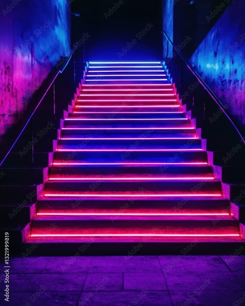 Neon Lit Stairs in Dark Environment with Colorful Light Effects Neon Lit Stairs in Dark Environment with Colorful Light Effects