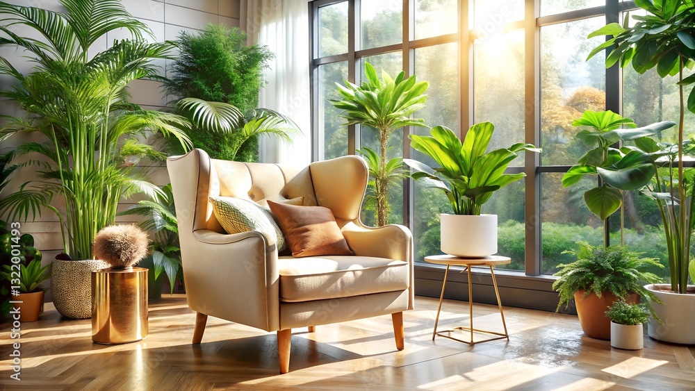 Fototapeta premium Botanical Interior Living Room with Lush Greenery