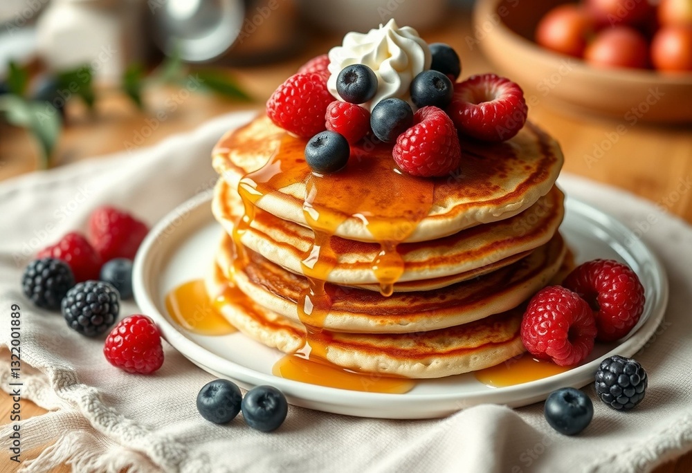 Delicious breakfast pancakes with fresh berries and whipped cream Delicious breakfast pancakes with fresh berries and whipped cream