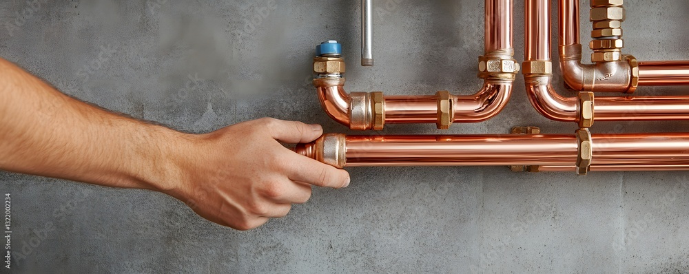 Fototapeta premium Hand is connecting a set of shiny copper pipes