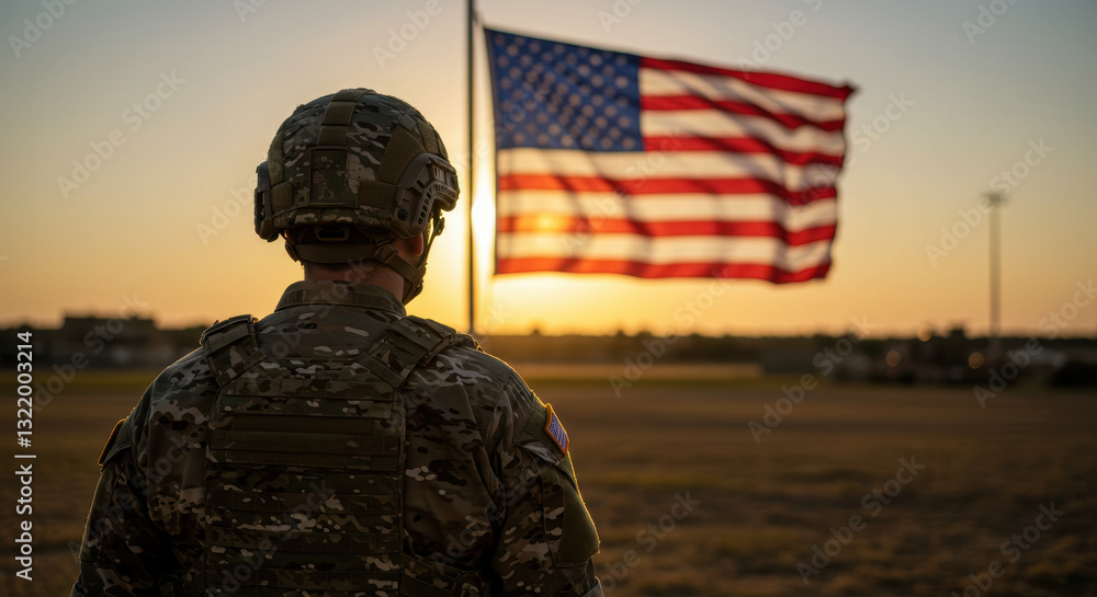 Soldier's Vigil: Honoring Service & Sacrifice at Sunset, Under the American Flag - A Patriotic Tribute Soldier's Vigil: Honoring Service & Sacrifice at Sunset, Under the American Flag - A Patriotic Tribute