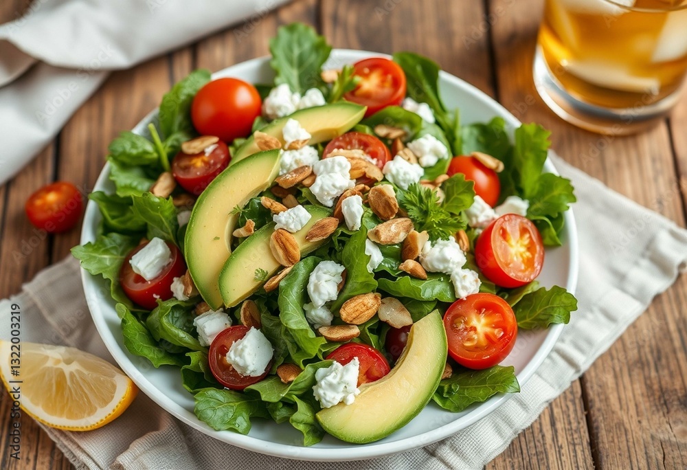 Fresh mixed greens, sliced avocado, cherry tomatoes, crumbled feta, toasted almonds, fresh herbs, lemon wedge, rustic wooden table, linen napkin, glass of iced tea Fresh mixed greens, sliced avocado, cherry tomatoes, crumbled feta, toasted almonds, fresh herbs, lemon wedge, rustic wooden table, linen napkin, glass of iced tea