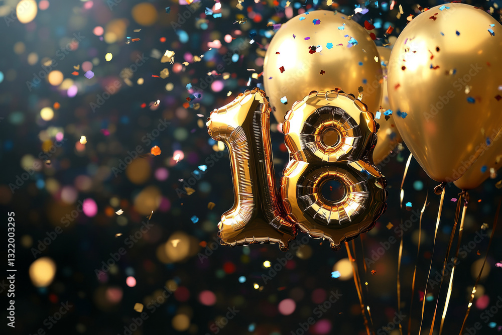 Fototapeta premium A sparkling gold foil 18 balloon surrounded by elegant gold balloons and vibrant, flying confetti, radiating energy and excitement, perfect for dynamic event banners and milestone celebrations