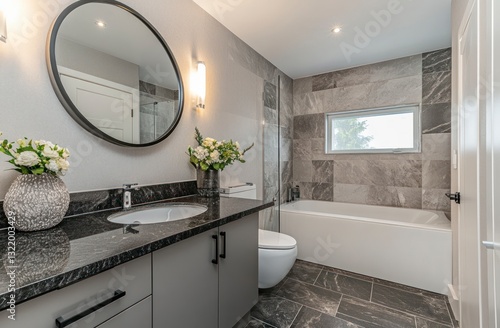 Modern Bathroom Design with Gray Vanity Granite Countertop and Marble Tiles