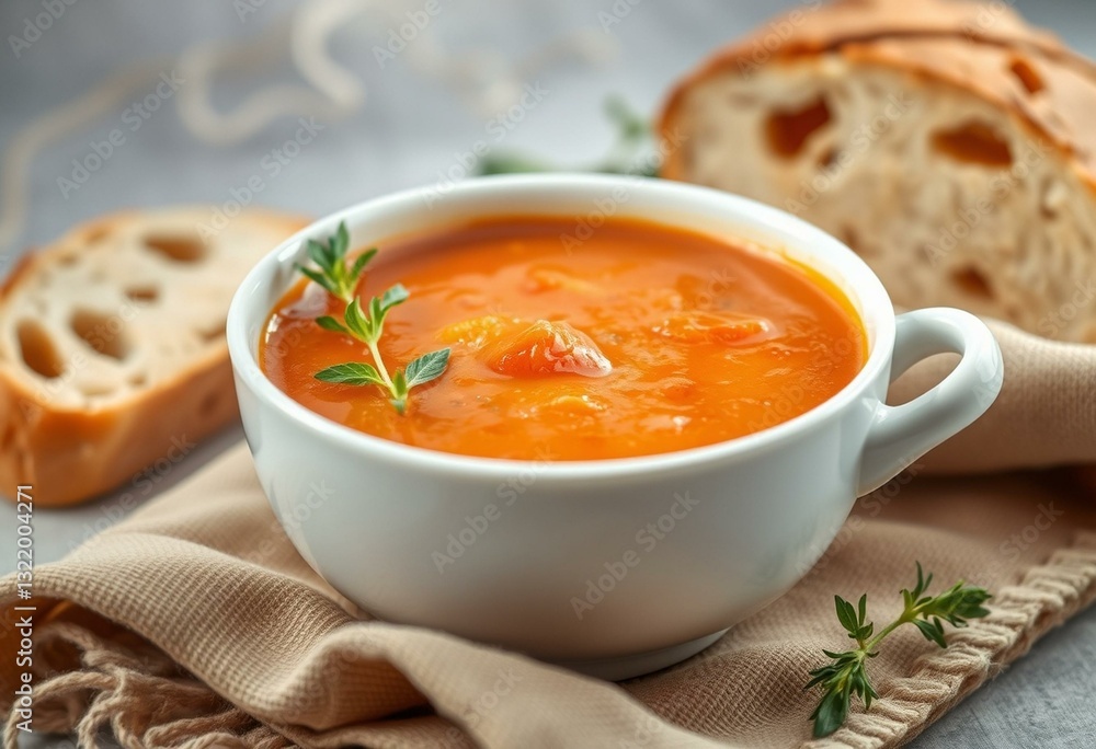 Hot soup with fresh herbs and crusty bread Hot soup with fresh herbs and crusty bread