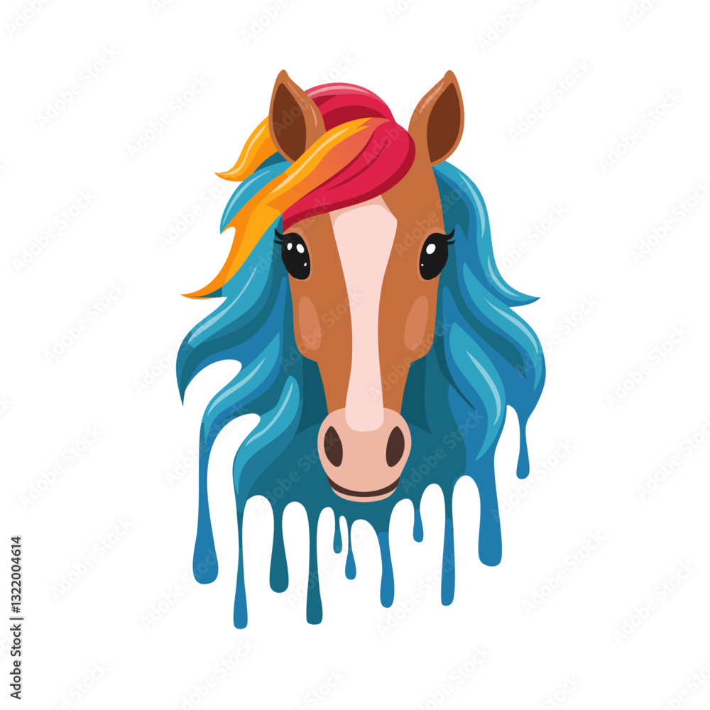Portrait of a cute horse, dripping liquid colors vector icon design