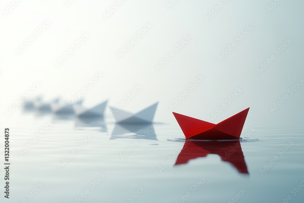 Naklejka premium Red paper boat leads the way, breaking free from a group of white boats on a serene lake