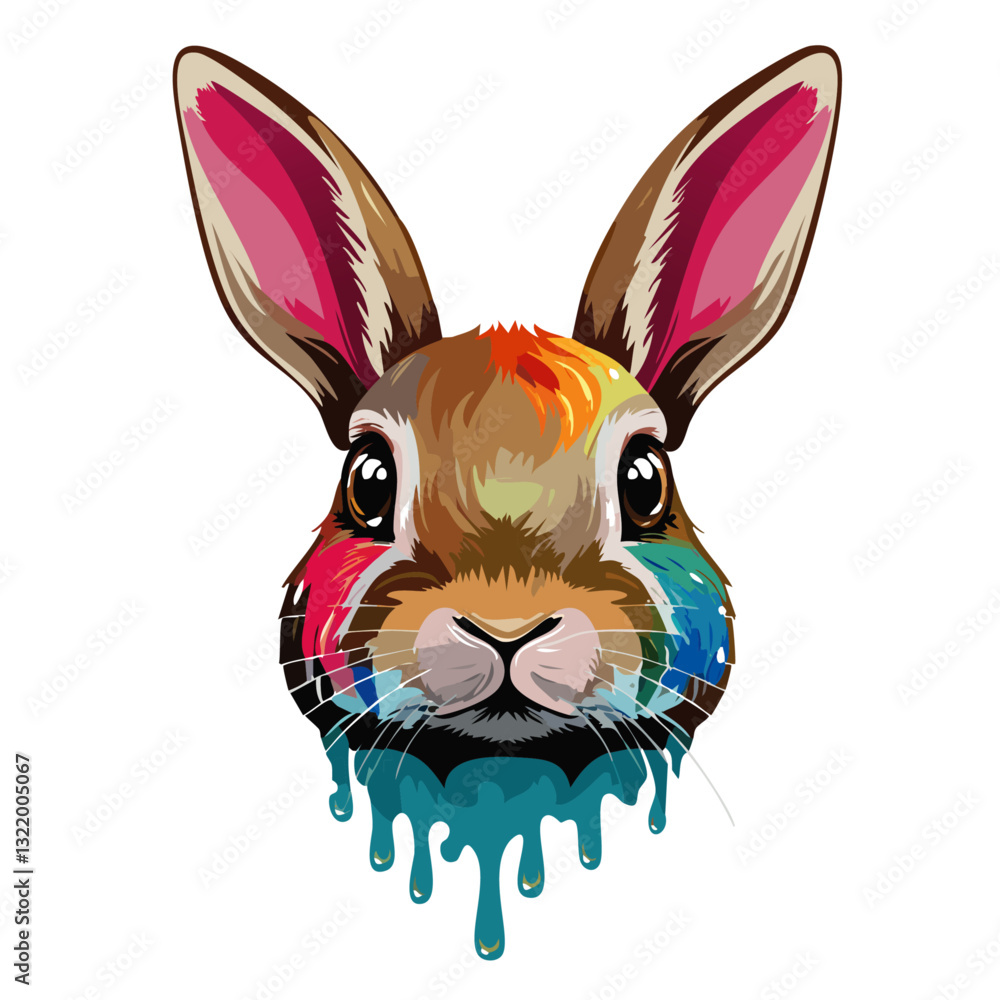 Portrait of a cute rabbit, dripping liquid colors vector icon design