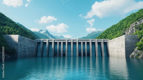 Minimalist digital rendering of a hydroelectric dam in a scenic natural setting photo