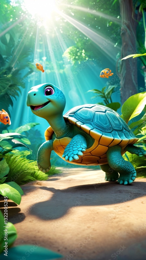 Fototapeta premium A turtle in the middle of a lush green jungle.