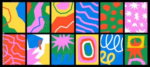 Collection of textured vector backgrounds with simple elements and playful patterns. Abstract colorful funky backgrounds for cards, posters, covers, banners, or branding.