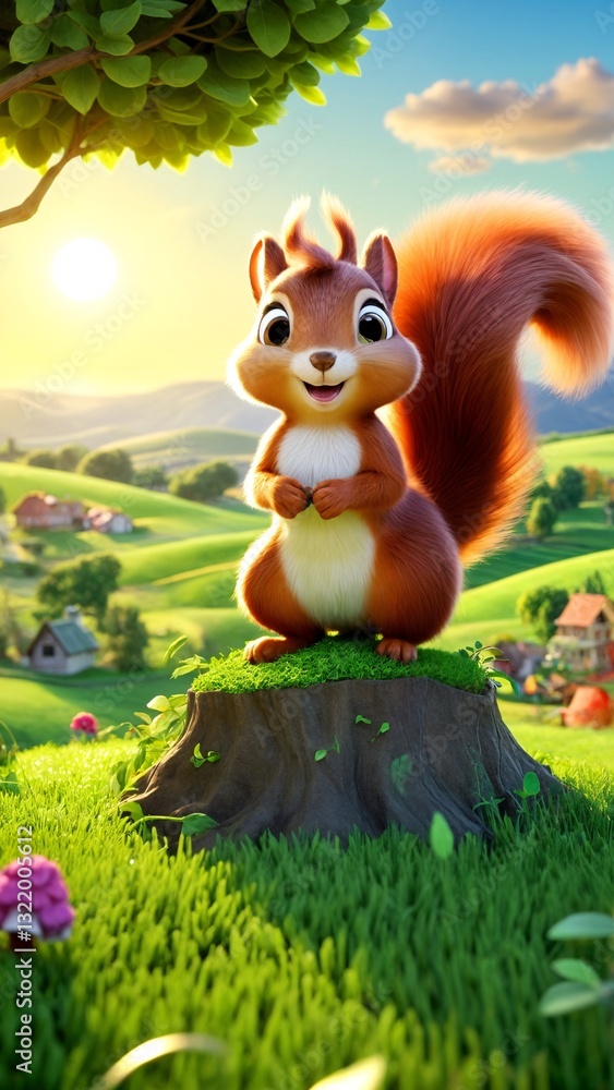 Fototapeta premium A squirrel standing on top of a tree stump in a lush green field.