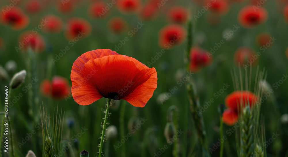 Obraz premium Poppy Paradise: Scarlet Bloom in a Sea of Green - Nature's Fiery Kiss!