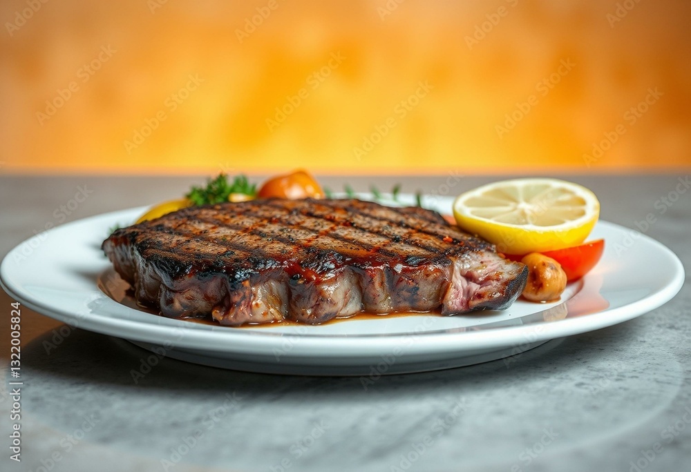 Photorealistic image of a meat steak with roasted vegetables and lemon Photorealistic image of a meat steak with roasted vegetables and lemon