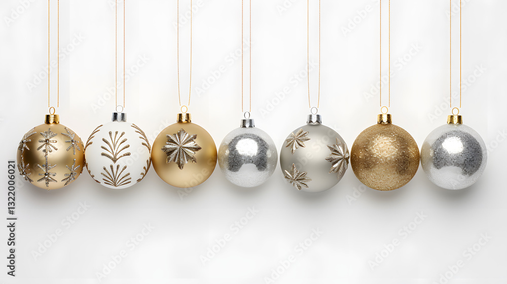 A row of Christmas ornaments hanging from a string A row of Christmas ornaments hanging from a string