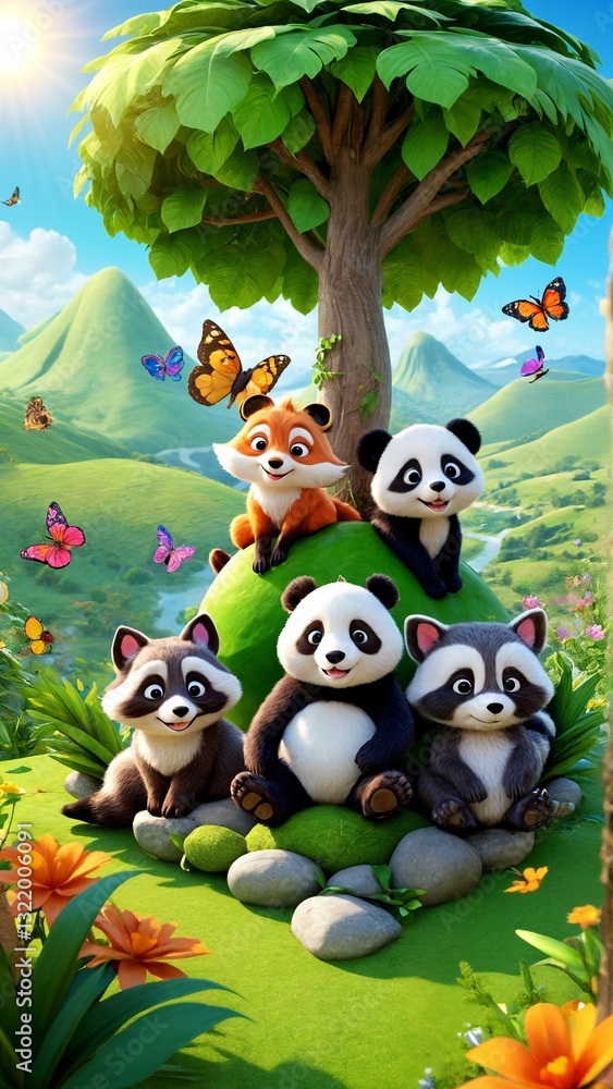 Naklejka premium A group of panda bears sitting on top of a lush green hillside.