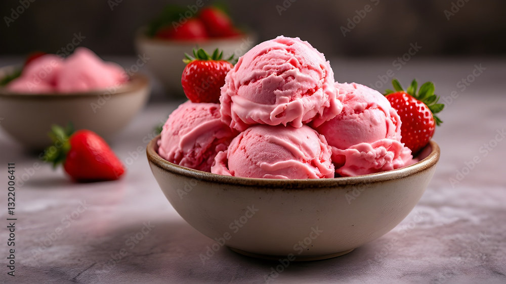 Fresh Strawberry Ice Cream in Ceramic Bowl with Ripe Berries on Rustic Background – Delicious Frozen Dessert Photography Fresh Strawberry Ice Cream in Ceramic Bowl with Ripe Berries on Rustic Background – Delicious Frozen Dessert Photography