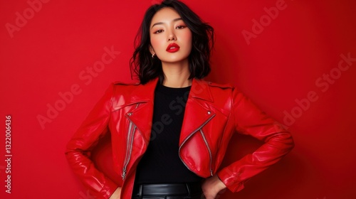 Fashion asian woman in red leather jacket and black pants posing with hands on hips against red background