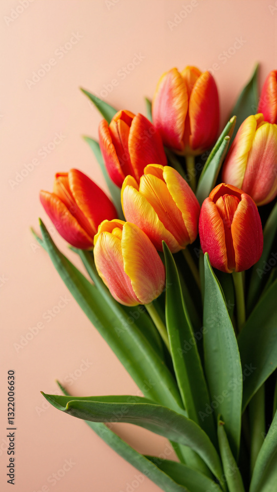 A stunning bouquet of vibrant orange and red tulips against a soft background, perfect for celebrating Women's Day, Mother's Day, and springtime. A stunning bouquet of vibrant orange and red tulips against a soft background, perfect for celebrating Women's Day, Mother's Day, and springtime.