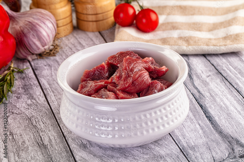 Raw beef meat cubes pieces Raw beef meat cubes pieces