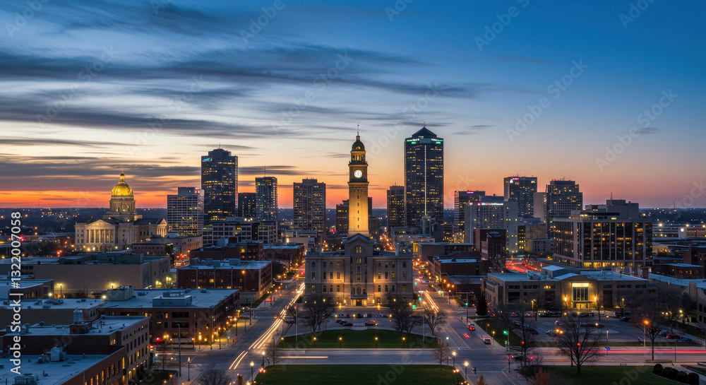 Fototapeta premium Des Moines Iowa Skyline at Twilight: Cityscape Beauty with Landmark Architecture and Vibrant Urban Lights