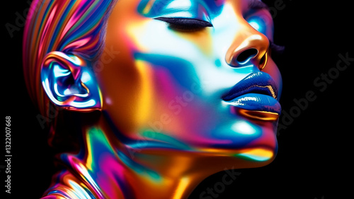 A woman's face made of shiny metal. Face in neon light. highlights on the face. Abstraction
