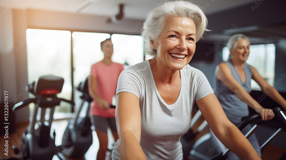 A woman is smiling while riding a stationary bike A woman is smiling while riding a stationary bike