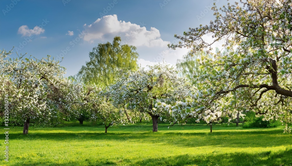 Fototapeta premium Blossoming Apple Tree Amidst a Vibrant Park Bloom, Radiant Springtime Hues Swirling in a Peaceful Urban Oasis