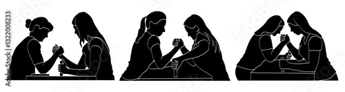 Two girls hands clasped, arm wrestling, unequal match, set of women silhouettes