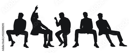 Silhouetted group of men in suits engaged in various poses during a formal gathering in a modern setting