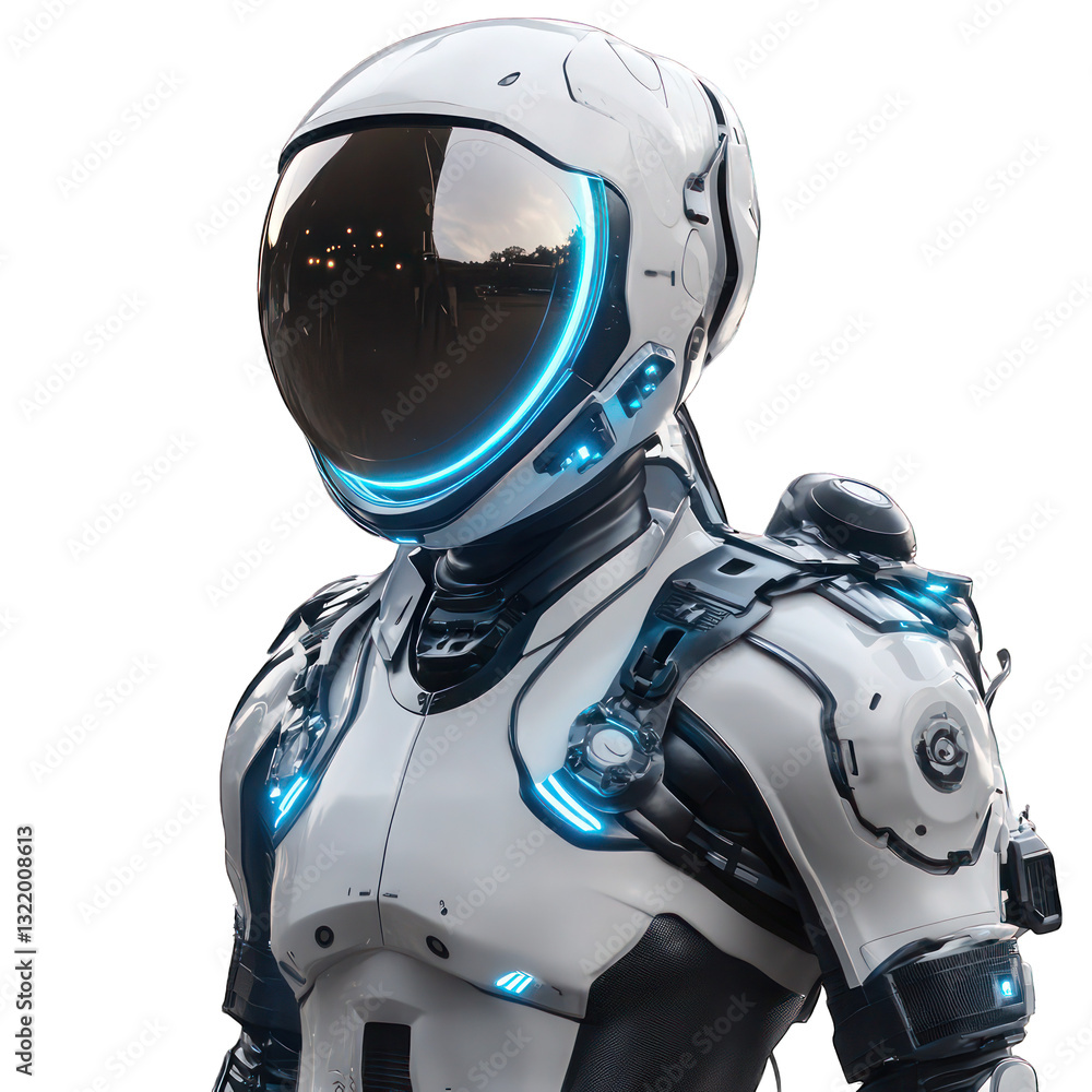 A futuristic spacesuit with glowing visor and holographic controls, isolated on transparent background A futuristic spacesuit with glowing visor and holographic controls, isolated on transparent background