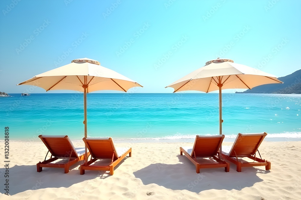 Perfect Beach Day: Relaxing Sunbeds and Umbrellas on Pristine Sand Perfect Beach Day: Relaxing Sunbeds and Umbrellas on Pristine Sand