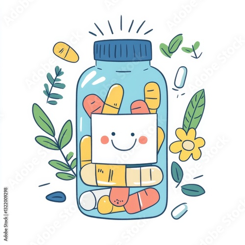 Colorful Capsules and Pills in a Glass Jar with a Smiley Label Herbal Supplements Happy Medicine