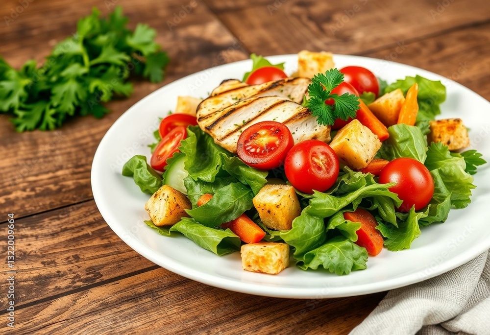 Fresh mixed greens with grilled chicken, vegetables, and croutons, garnished with parsley and olive oil. Fresh mixed greens with grilled chicken, vegetables, and croutons, garnished with parsley and olive oil.