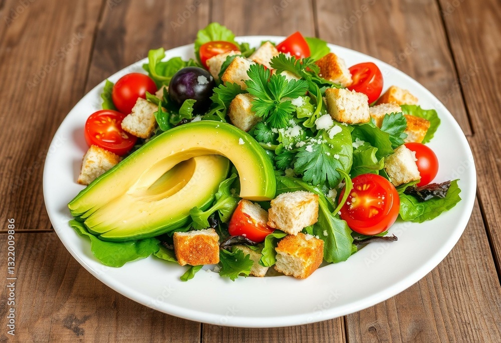 Mixed green salad with sliced avocado, cherry tomatoes, and crispy croutons Mixed green salad with sliced avocado, cherry tomatoes, and crispy croutons