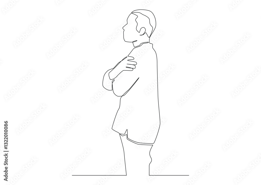 Continuous one line art of man hugs himself. Concept of self-help, reflection, therapy, independence, loneliness, lack of warmth, desire for closeness, crave hug, hug, self-hug, support, self-support Continuous one line art of man hugs himself. Concept of self-help, reflection, therapy, independence, loneliness, lack of warmth, desire for closeness, crave hug, hug, self-hug, support, self-support