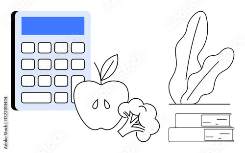 Calculator, apple, broccoli, leafy plant, and books highlight key themes of healthy habits, learning, and organization. Ideal for nutrition, wellness education balance planning simplicity flat