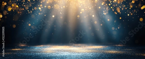 A dark blue stage with sparkling lights and glowing beams