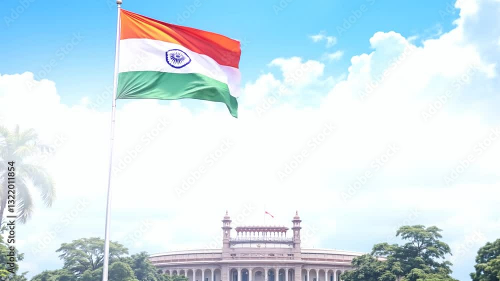India flag on the top of indian parliament building video, indian flag video, india flag waving video, india independence day video, india day with india flag video, generated with ai