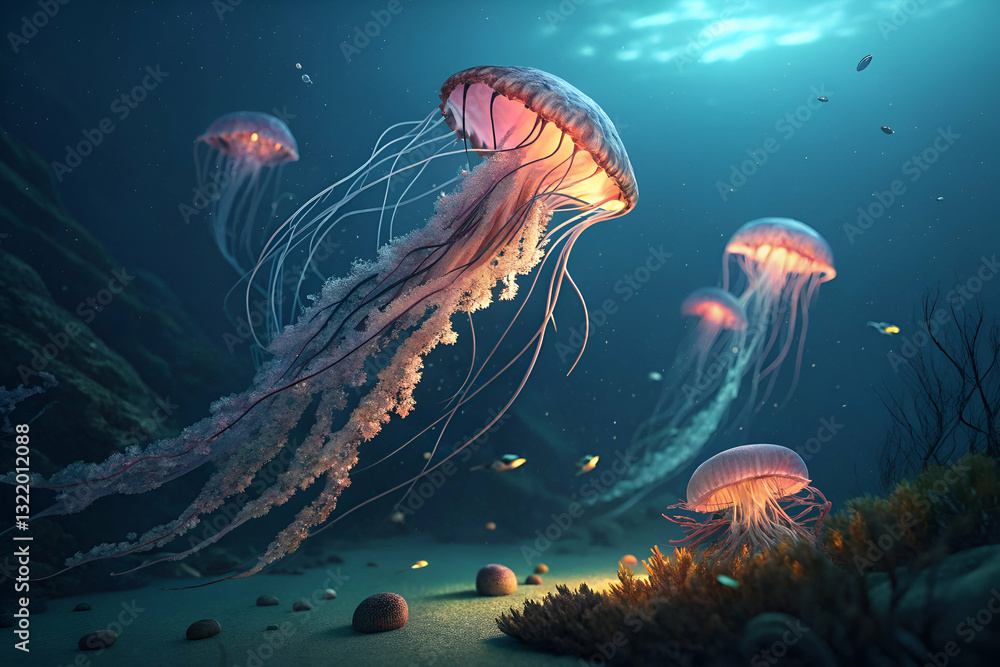 Ethereal Underwater Scene with Bioluminescent Jellyfish Gliding Through Dark Ocean Waters Surrounded by Coral and Marine Life in Majestic Display Ethereal Underwater Scene with Bioluminescent Jellyfish Gliding Through Dark Ocean Waters Surrounded by Coral and Marine Life in Majestic Display