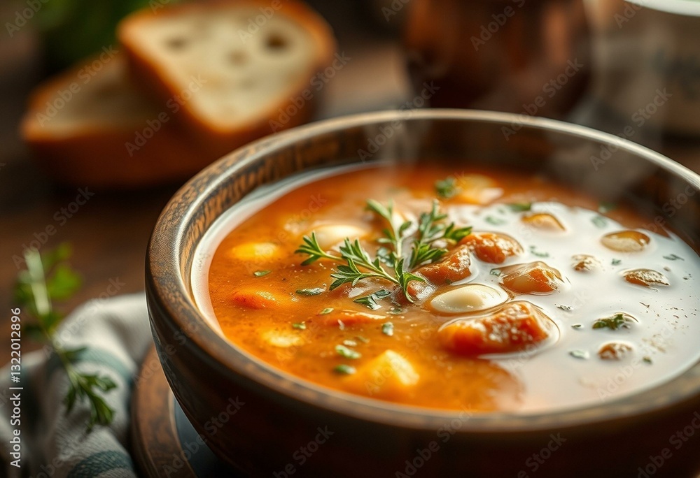 Rustic wooden bowl with steaming hot soup, garnished with fresh herbs and crusty bread. Rustic wooden bowl with steaming hot soup, garnished with fresh herbs and crusty bread.