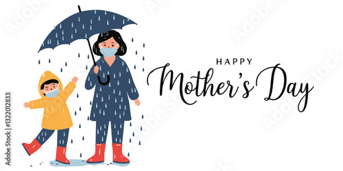 A heartwarming illustration of a mother and child, both wearing raincoats and masks, enjoying a rainy day