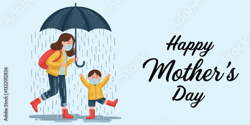 A heartwarming Mother's Day illustration featuring a mother and child in a light rain shower