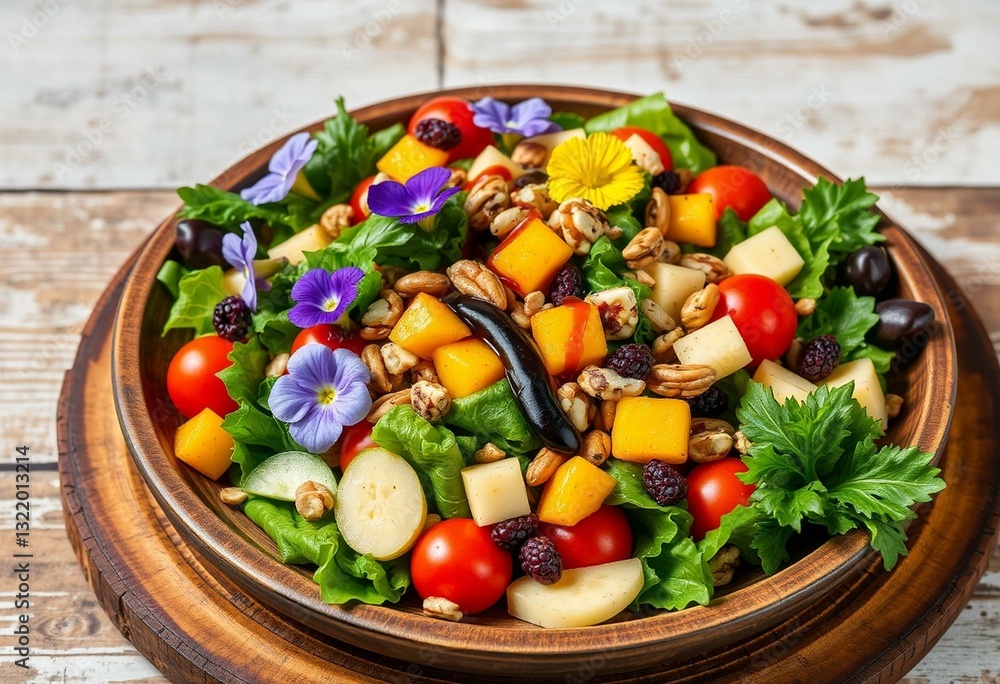 Fresh vegetables, fruits, and nuts on a rustic plate Fresh vegetables, fruits, and nuts on a rustic plate