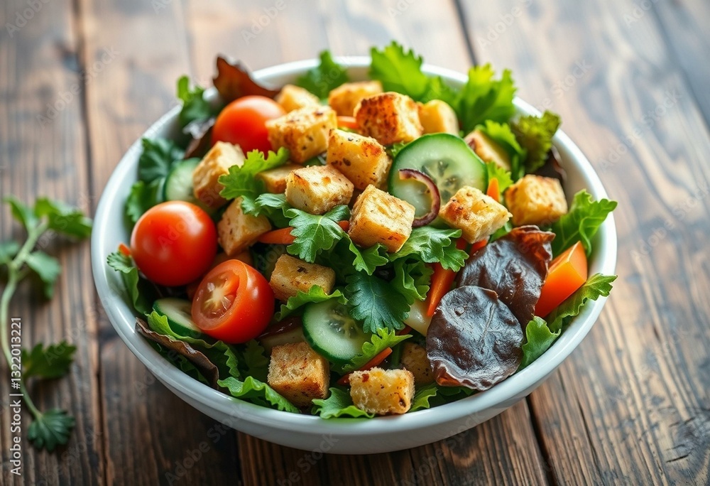 Fresh mixed greens, cherry tomatoes, cucumber, carrots, and croutons in a white ceramic bowl on a rustic wooden table. Fresh mixed greens, cherry tomatoes, cucumber, carrots, and croutons in a white ceramic bowl on a rustic wooden table.